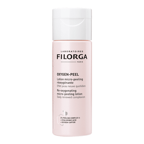 Filorga Oxygen-Peel loção micro-peeling reoxigenante facial em frasco rosa-claro com tampa branca, 150 ml.