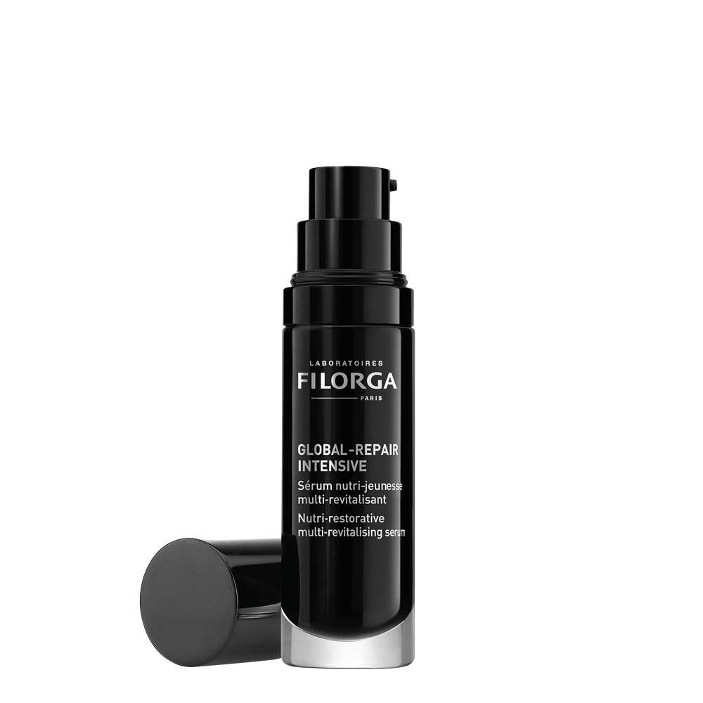 Frasco com pump preto do sérum Filorga Global-Repair Intensive, 30 ml.