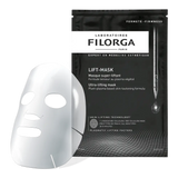 Filorga Lift-Mask máscara facial de biocelulose de 14 ml, saqueta preta e máscara branca.
