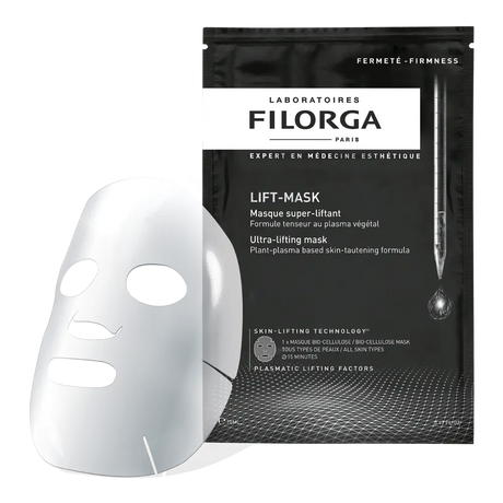 Filorga Lift-Mask máscara facial de biocelulose de 14 ml, saqueta preta e máscara branca.