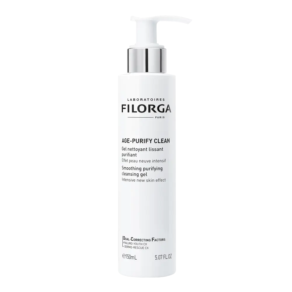 Frasco branco com doseador de Filorga Age-Purify Clean, gel de limpeza facial, 150 ml.