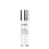 Filorga AGE-PURIFY fluido facial de dupla correção em frasco branco e prateado com doseador, 50 ml.
