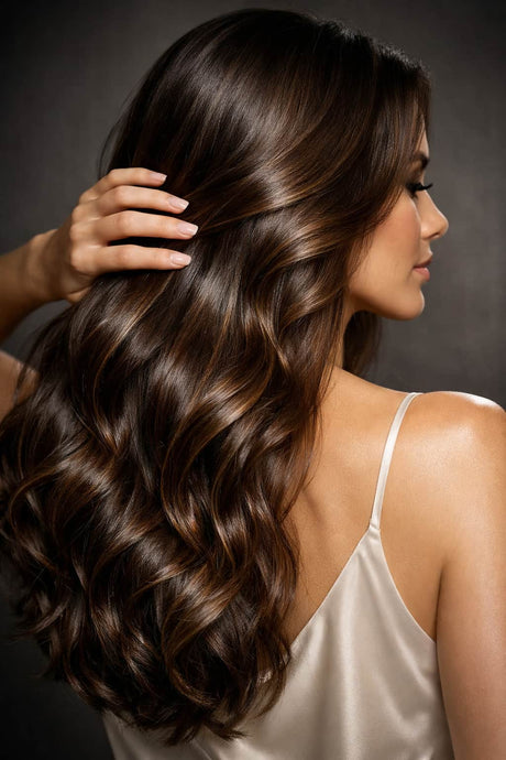 Cuidados de cabelo – mulher com cabelo longo, brilhante e saudável a tocar nos fios de cabelo.